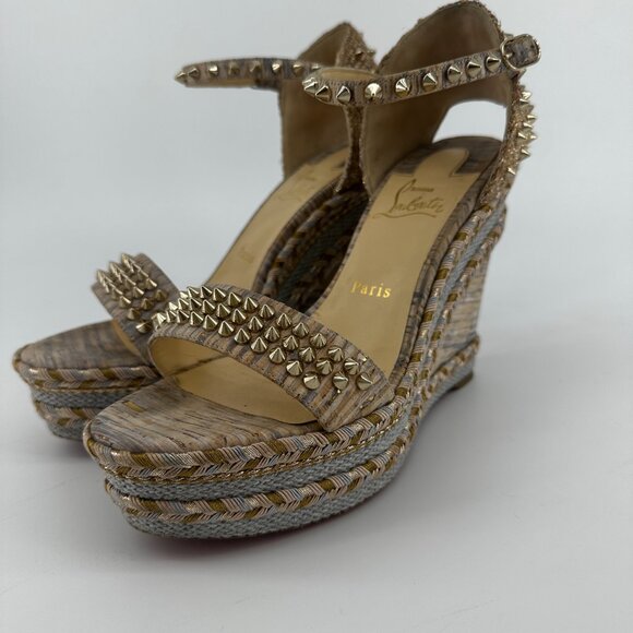Louboutin Madmonica Wedge Sandals with Gold Studs - Size 39 - Picture 4 of 7